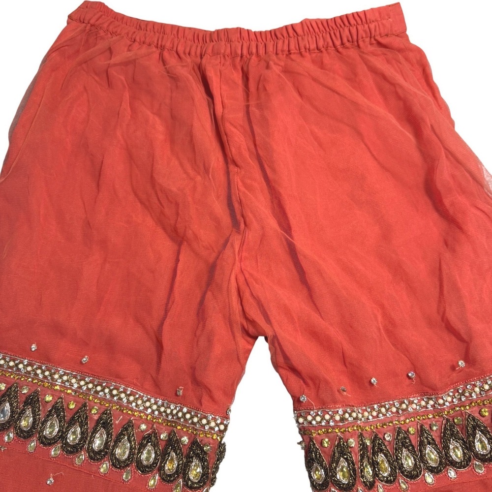 Vintage Indian Sharara Pants Coral Orange Beaded Embroidered Wide Leg Palazzo - Picture 7 of 9